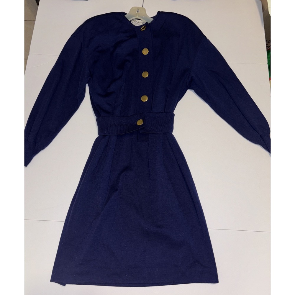 Vintage CIAO Ltd Navy Blue Wool Knit Dress Sz 6 Shoulder Pads Pockets 1970s